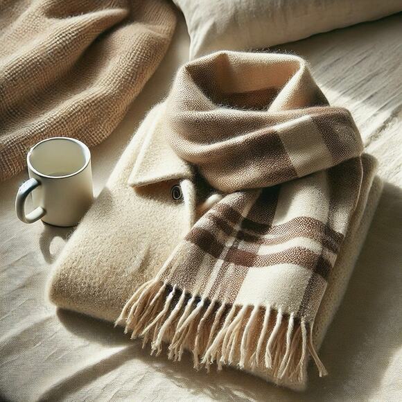 Woolmark Certified Lambswool Scarf | Cream, Brown Check | Timeless Unisex Staple - Picture 1 of 15